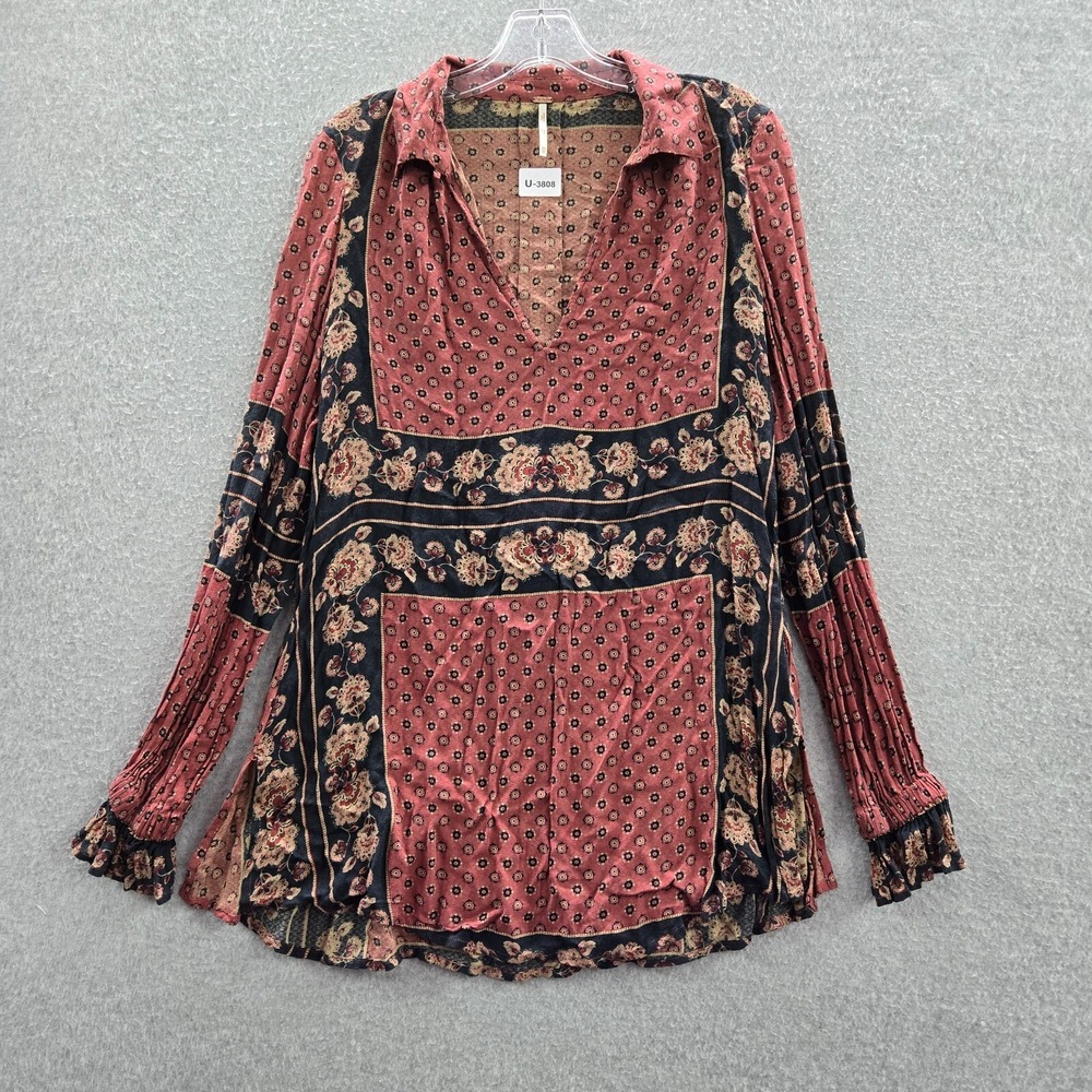 Free People Women Top‎ XS Pink Dobby Changing Times Boho Tunic Long Sleeve